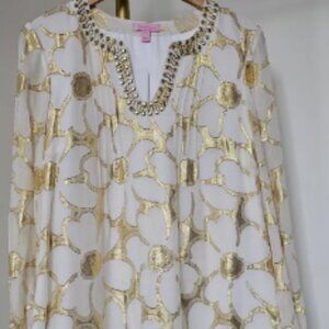 Lilly Pulitzer White Gold Floral Chiffon Colby Tunic Dress Size 0 NWOT Resort